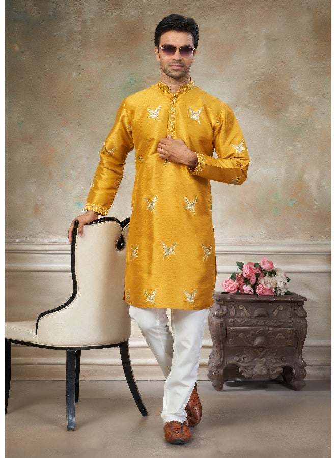 OUTLUK Yellow Embroidered Kurta with Pajama for Men - Image 1